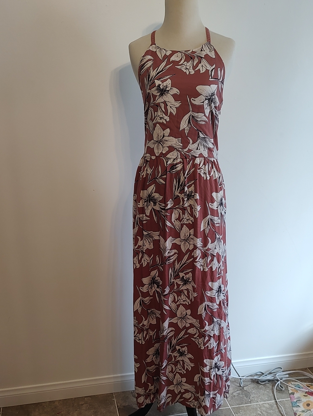 Roxy Floral Halter Maxi Dress in Rust and White - Linen Blend